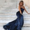 tube type, backless, sparkle, navy, body fit, formal gown