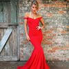off shoulder, daring, mermaid type, red, formal gown