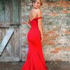 off shoulder, daring, mermaid type, red, formal gown