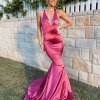 low v neck, halter neck, lace up back, sexy, pink, formal gown
