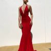 lace up back, low back, low v neck, mermaid type, sexy, red, formal gown