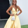 low back, sleeveless, low v neck, ball gown, yellow, formal gown