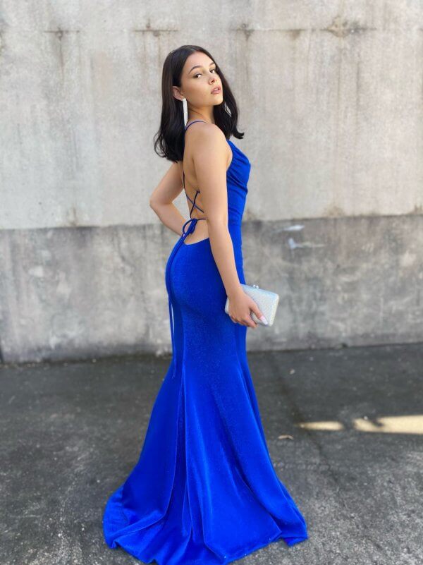 plunging neckline, lace up back, low back, blue, formal gown