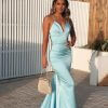 low v neck, sexy, lace up back, sky slue, formal gown