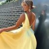low v neck, low back, with pocket, ball gown, yellow, formal gown