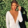 long sleeve, low v neck, body fit, white, formal gown