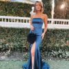 tube type, lace up back, with slit, mermaid type, navy blue, formal gown