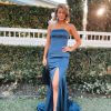 tube type, lace up back, with slit, mermaid type, navy blue, formal gown
