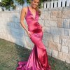 low v neck, halter neck, lace up back, sexy, pink, formal gown