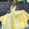 low v neck, low back, with pocket, ball gown, yellow, formal gown