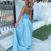 tube type, backless, with slit, glitter, ball gown, aqua blue, formal gown