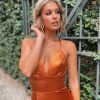 low v neck, sexy, lace up back, rust, formal gown