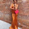 low v neckline, sexy, mermaid cut, tie up back, low back, formal gown, rust