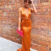 low v neckline, sexy, mermaid cut, tie up back, low back, formal gown, rust