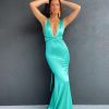 low v neckline, sexy, mermaid cut, tie up back, low back, formal gown, blue