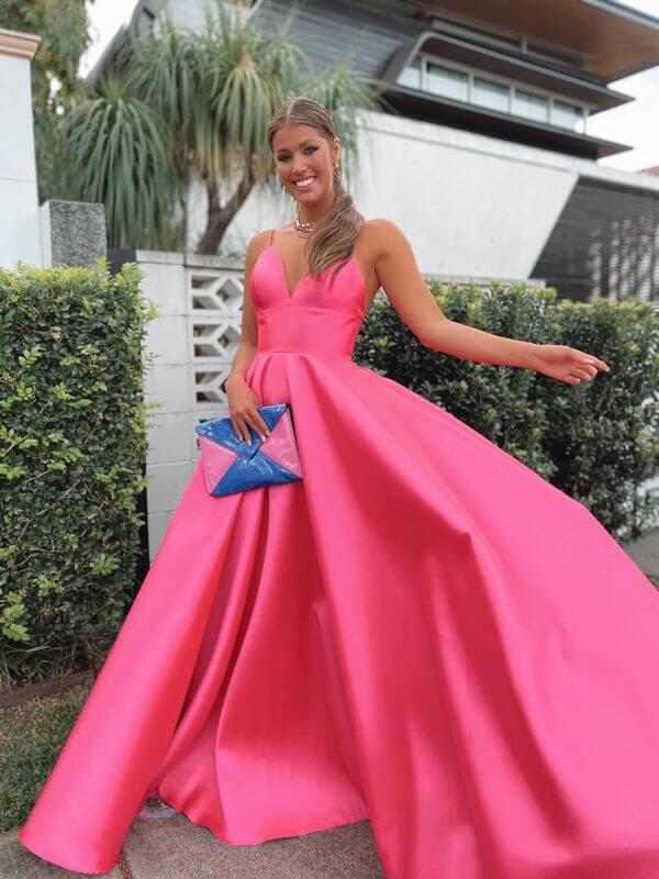 low back, sleeveless, low v neck, ball gown, fuchsia, formal gown