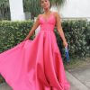 low back, sleeveless, low v neck, ball gown, fuchsia, formal gown