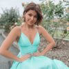 low back, sleeveless, low v neck, glitter ball gown, aqua blue, formal gown
