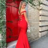 off shoulder, sexy back, lace up back, body fit, mermaid type, with slit, red, formal gown