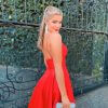 low back, sleeveless, low v neck, ball gown, red, formal gown