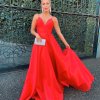 low back, sleeveless, low v neck, ball gown, red, formal gown