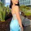 sleeveless, tube type, sexy back, lace up back, with slit, sky blue, formal gown