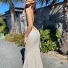 plunging neckline, lace up back, low back, nude, formal gown