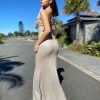 plunging neckline, lace up back, low back, nude, formal gown