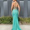 low v neck, lace up back, low back, mermaid type, aqua blue, formal gown