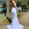 lace up back, low back, low v neck, mermaid type, sexy, white, formal gown