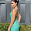 low v neck, lace up back, low back, mermaid type, aqua blue, formal gown