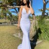 low v neck, lace up back, low back, mermaid type, white, formal gown