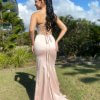 sleeveless, tube type, sexy back, lace up back, with slit, antique pink, formal gown
