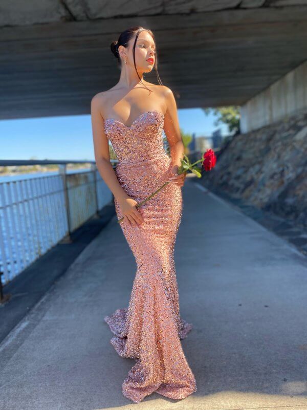 mermaid type, body fit, sexy back, sequin, blush, formal gown