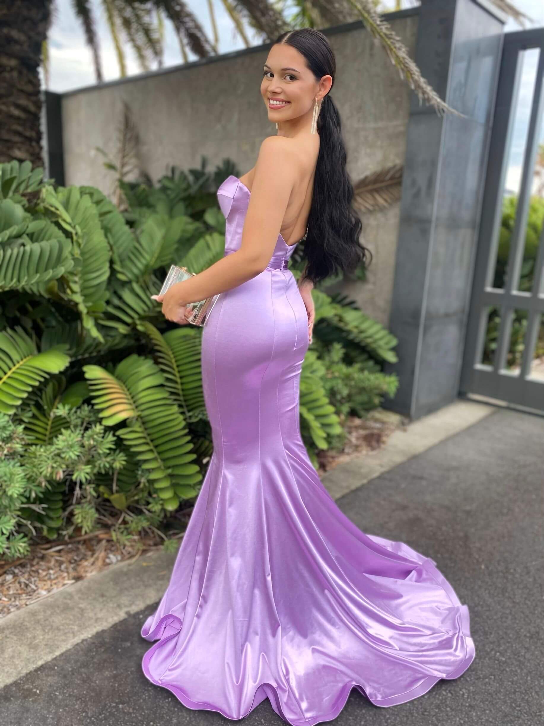 Lilac Strapless Corset High Slit Ruffled Prom Dress Evening Gown -  TheCelebrityDresses