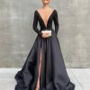 full sleeve, low v neck, with high slit, with pocket, black, formal gown