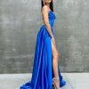 plunging neckline, sexy back, laced up, with slit, royal blue, sexy, formal gown