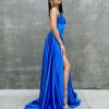 plunging neckline, sexy back, laced up, with slit, royal blue, sexy, formal gown