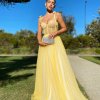laced, sexy back, ball gown, yellow, formal gown