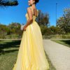 laced, sexy back, ball gown, yellow, formal gown