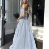 off shoulder, lace up back, with slit, sexy, glitter, light blue, jadore, formal gown