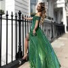 off shoulder, lace up back, with slit, sexy, glitter, green, jadore, formal gown