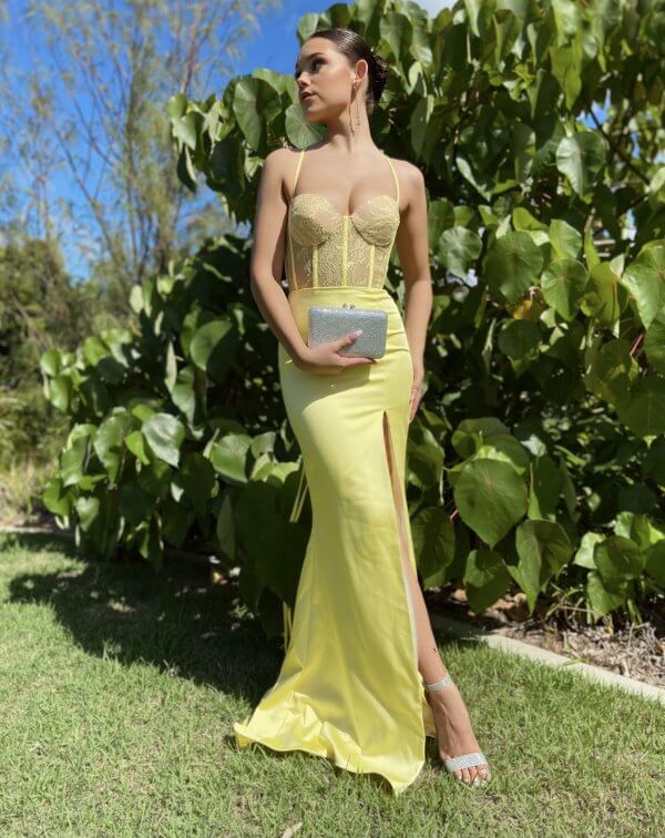 sleeveless, tube type, sexy back, lace up back, with slit, yellow, formal gown