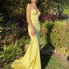 lace up back, with slit, sexy, yellow, formal gown