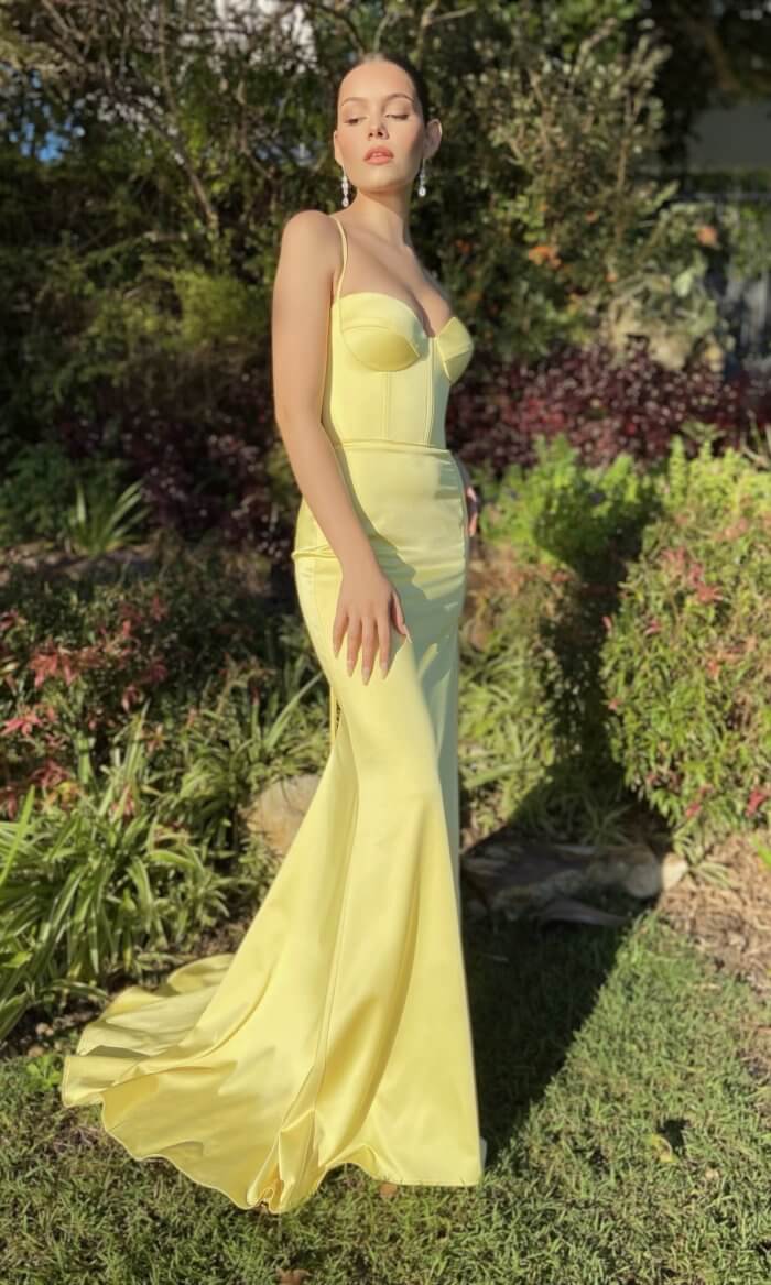 YELLOW SATIN FORMAL GOWN WITH CORSET AND SPLIT