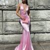 low v neckline, sexy, mermaid cut, tie up back, formal gown, baby pink