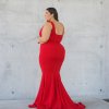 sleeveless, body con, mermaid type, red, formal gown