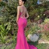 super stretchy pink formal gown with cowl neckline, lace up back, lined and has no zipper