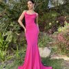 super stretchy pink formal gown with cowl neckline, lace up back, lined and has no zipper