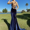 navy velvet gown with stylish straight neckline, thin straps, lace-up back and full sweeping train